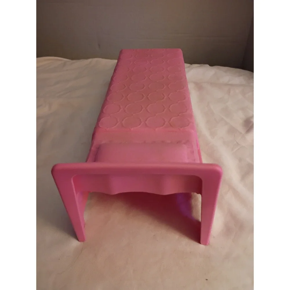 Pink Plastic Doll Bed with Molded Pillow and Patterned Blanket Accessory 12 Inch